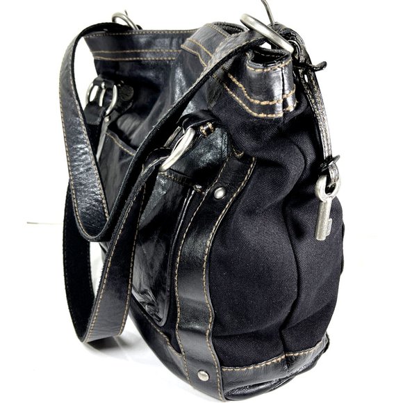 Fossil Large Black Canvas Black Leather Trim Shoulder Bag - Picture 4 of 12